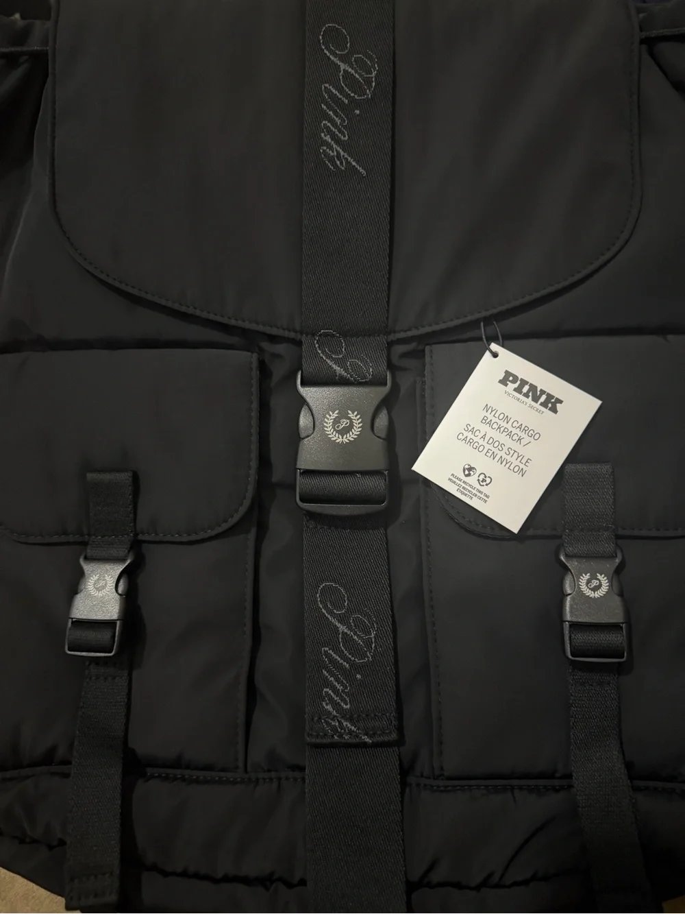 PINK by VS Black Nylon Backpack with Front Pockets